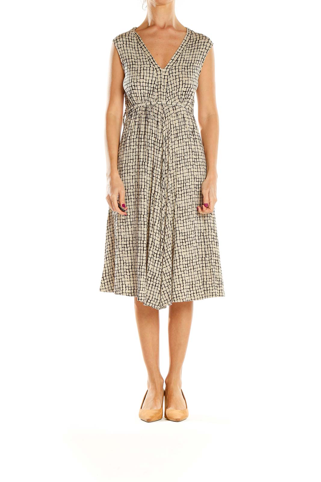Front view of Jigsaw London beige geometric print V-neck midi dress
