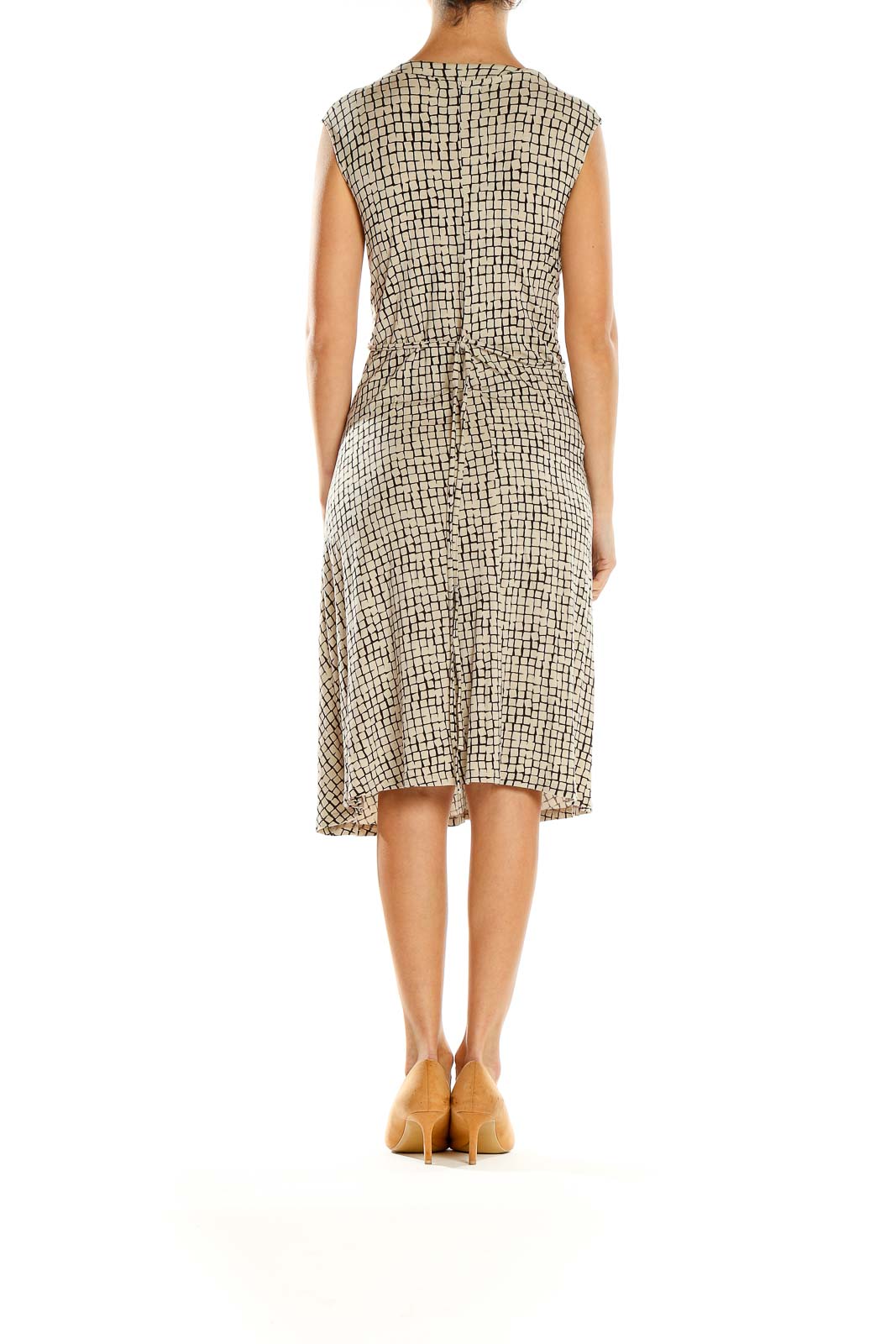 Back view of Jigsaw London beige geometric print V-neck midi dress