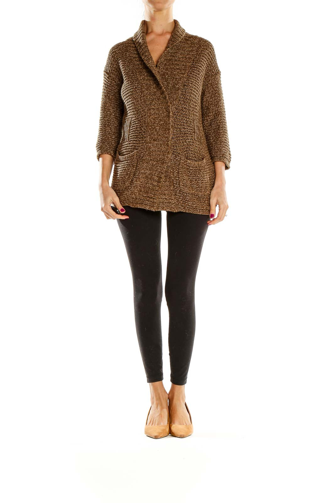 Front view of Eddie Bauer brown textured knit cardigan with shawl collar