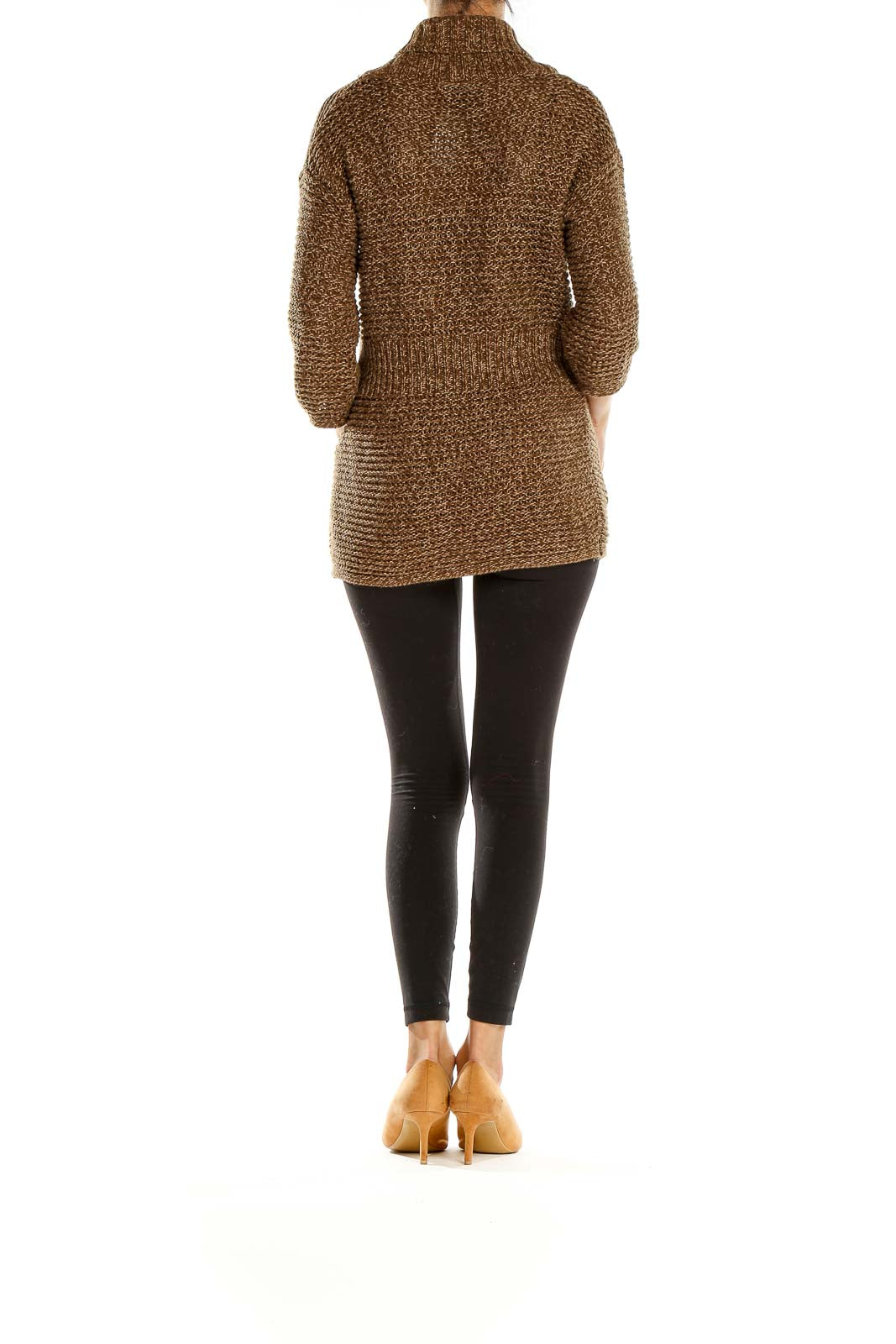 Side view of model wearing Eddie Bauer brown textured knit cardigan with black leggings
