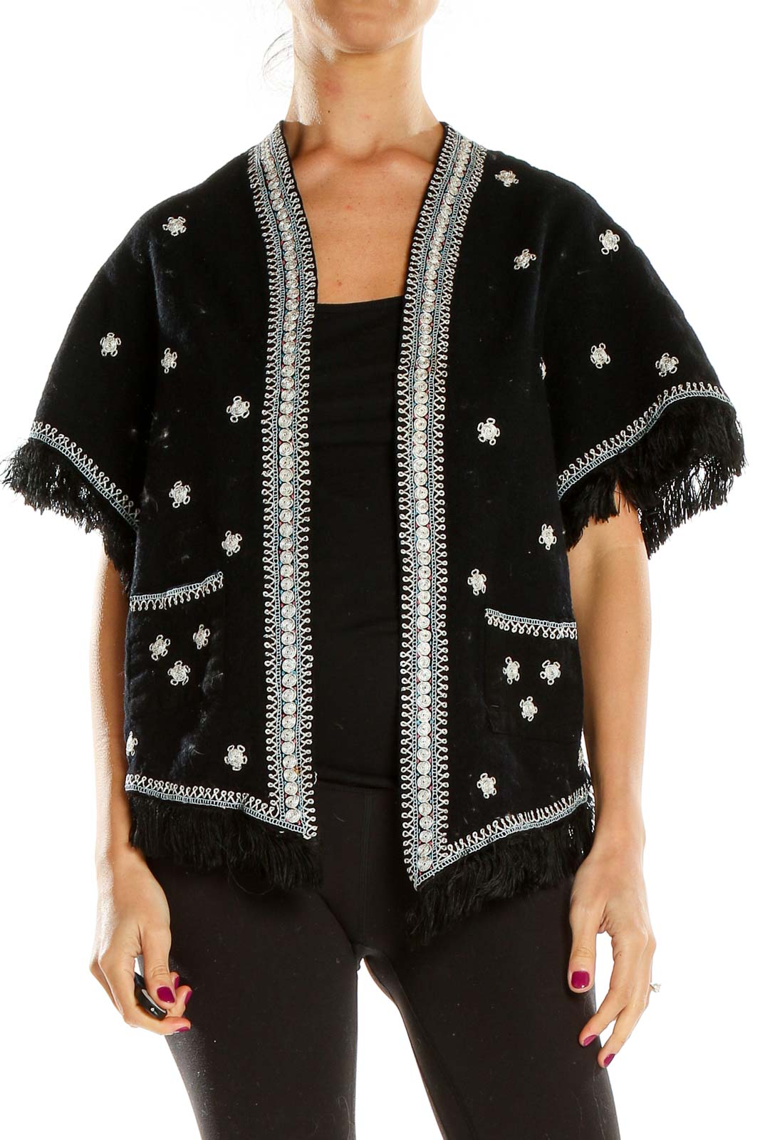 Front view of SilkRoll black embellished jacket with silver floral embroidery and fringe details