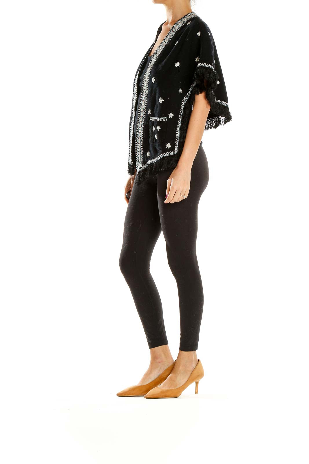 Front view of SilkRoll black embellished jacket with silver floral embroidery and fringe details