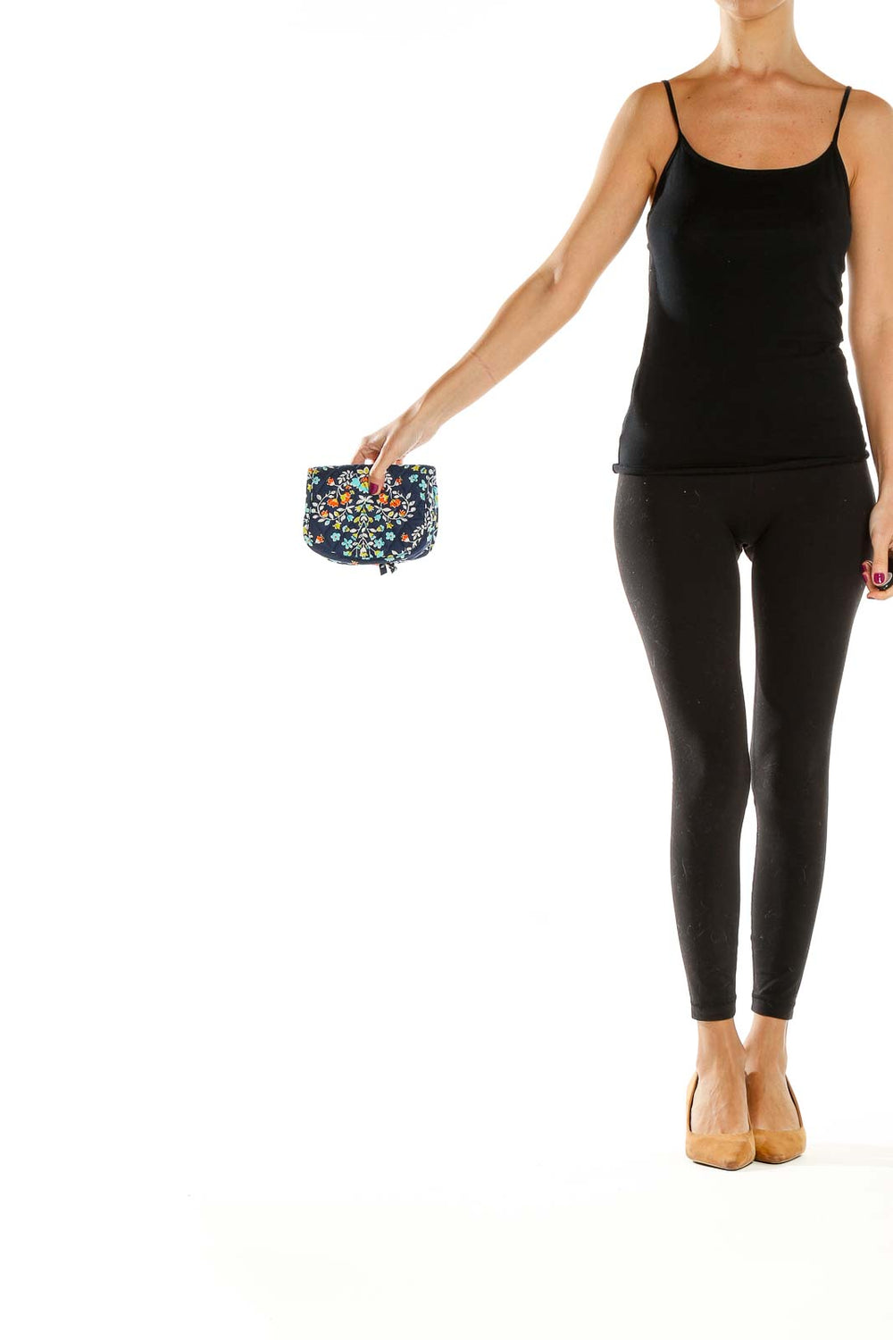 Front view of Vera Bradley Navy Floral Print Clutch with vibrant pattern