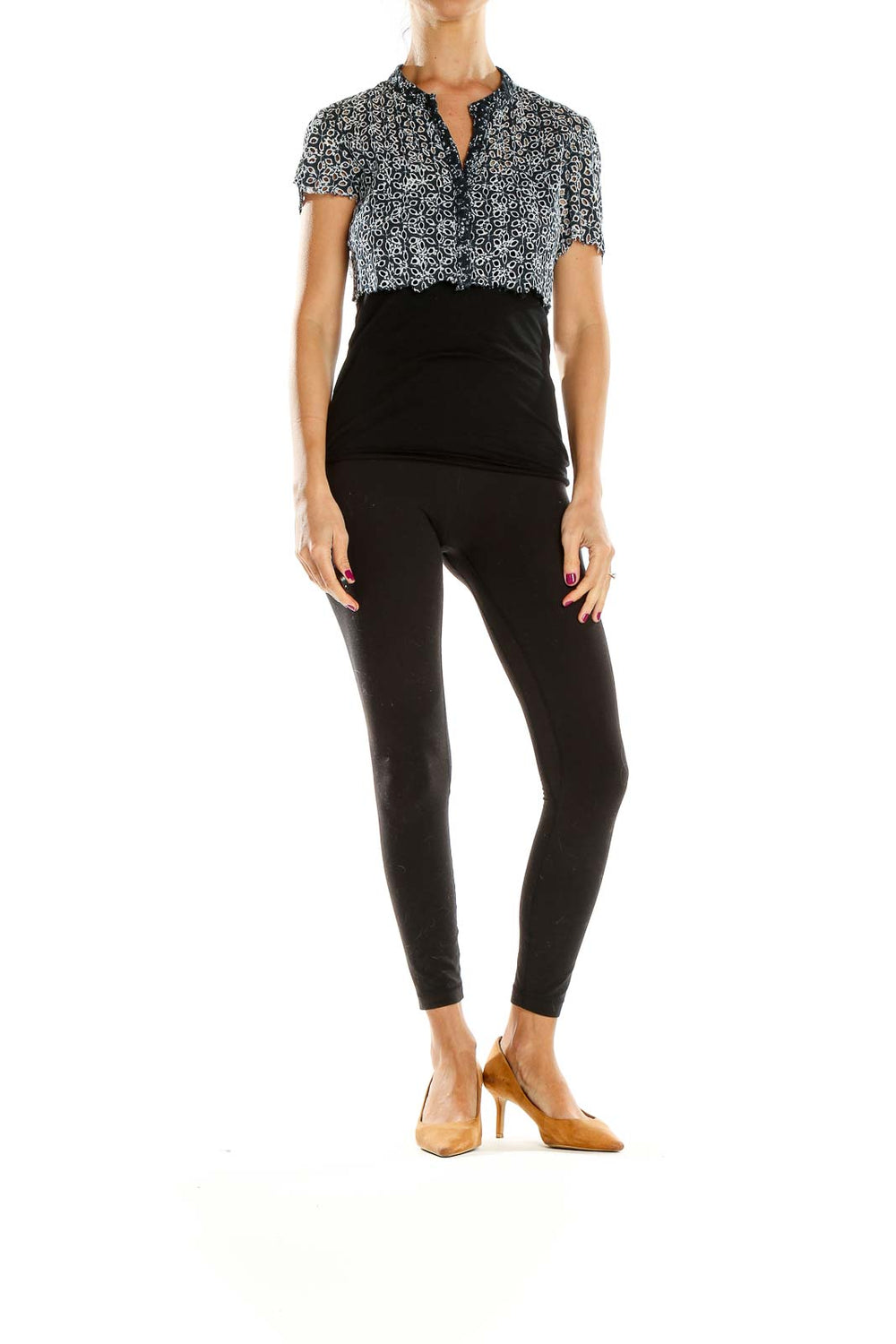 Front view of Maje black and white floral print cropped blouse with mandarin collar