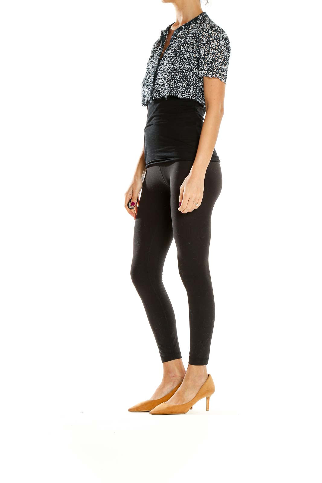Front view of Maje black and white floral print cropped blouse with mandarin collar