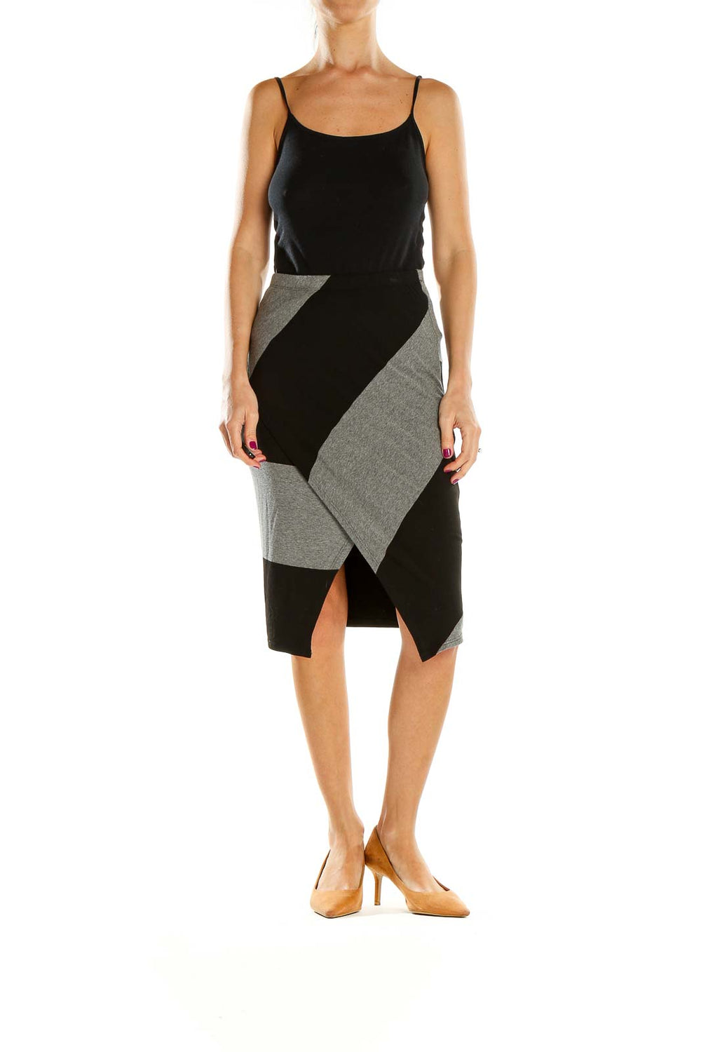 Front view of Red Haute Black and Gray Geometric Pencil Skirt with diagonal color-block design