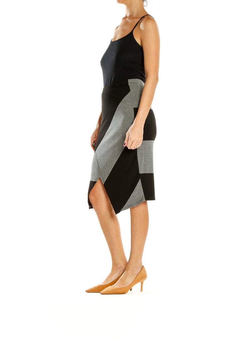 Front view of Red Haute Black and Gray Geometric Pencil Skirt with diagonal color-block design