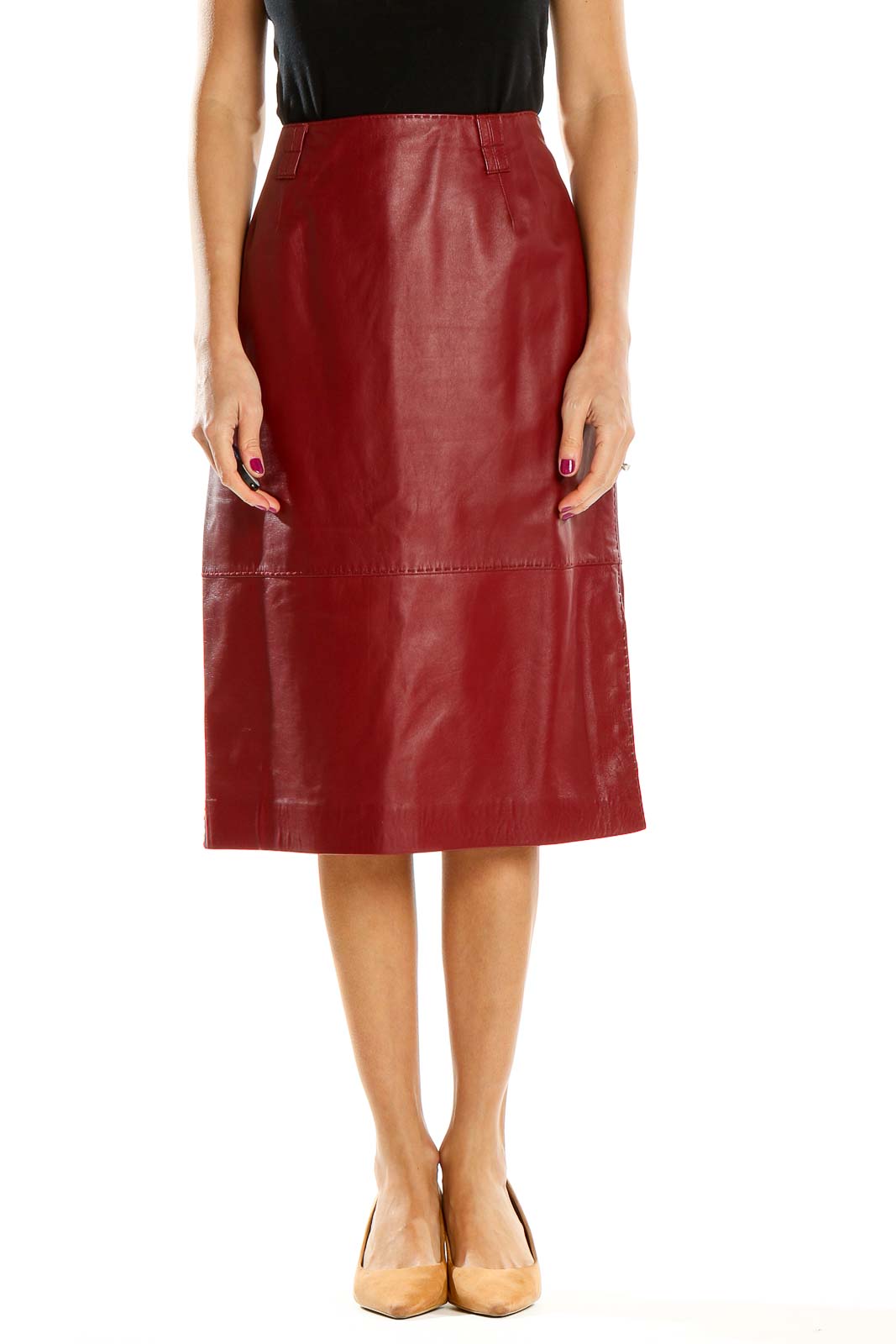 Red Leather A-Line Midi Skirt