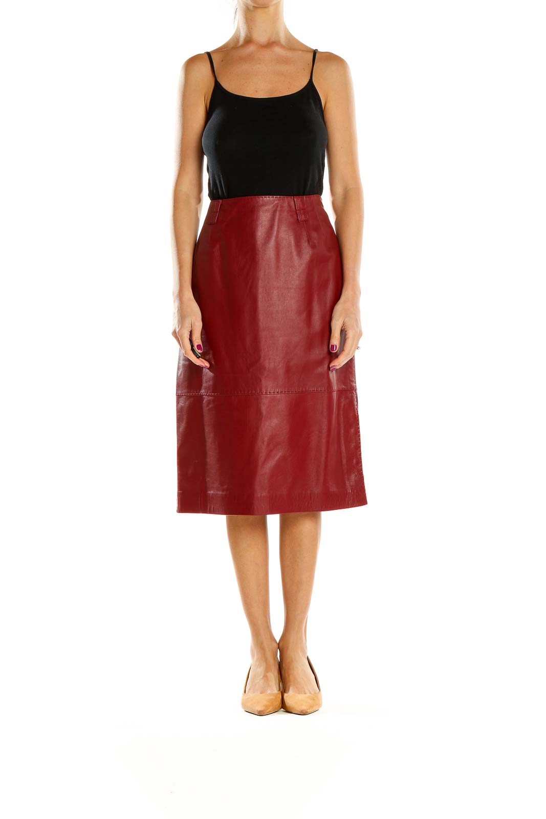Front view of red leather A-line midi skirt by Oscar by Oscar de la Renta