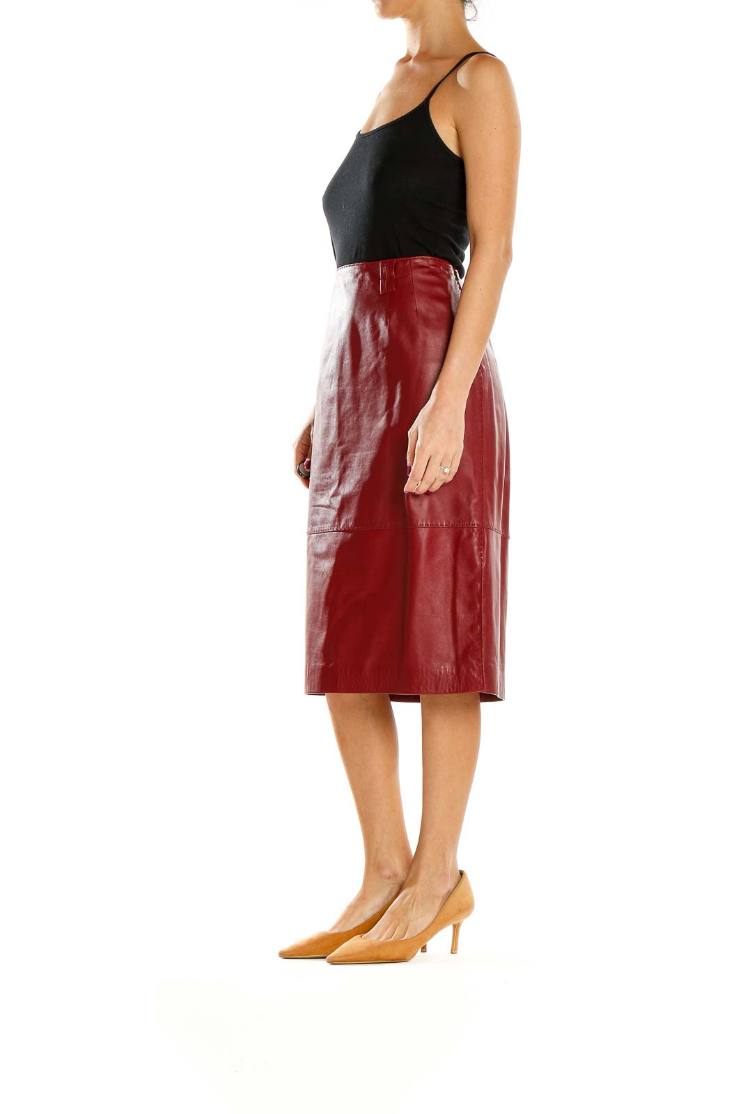 Front view of red leather A-line midi skirt by Oscar by Oscar de la Renta