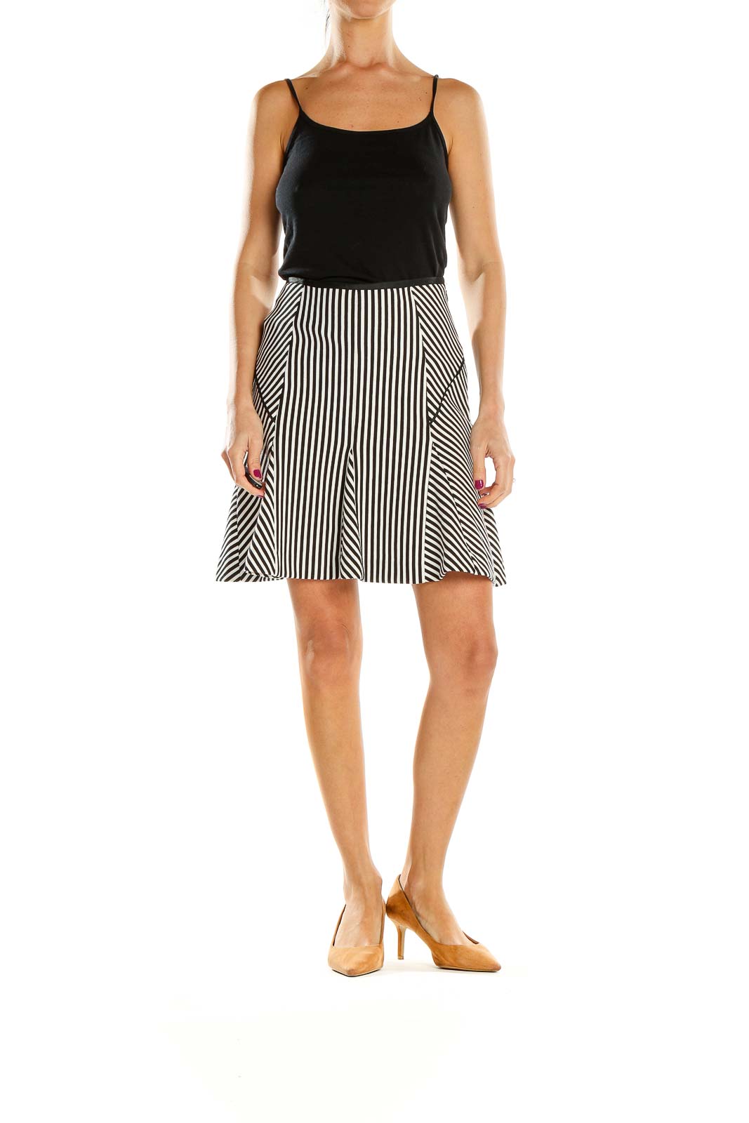 Front view of Banana Republic black and white striped A-line skirt