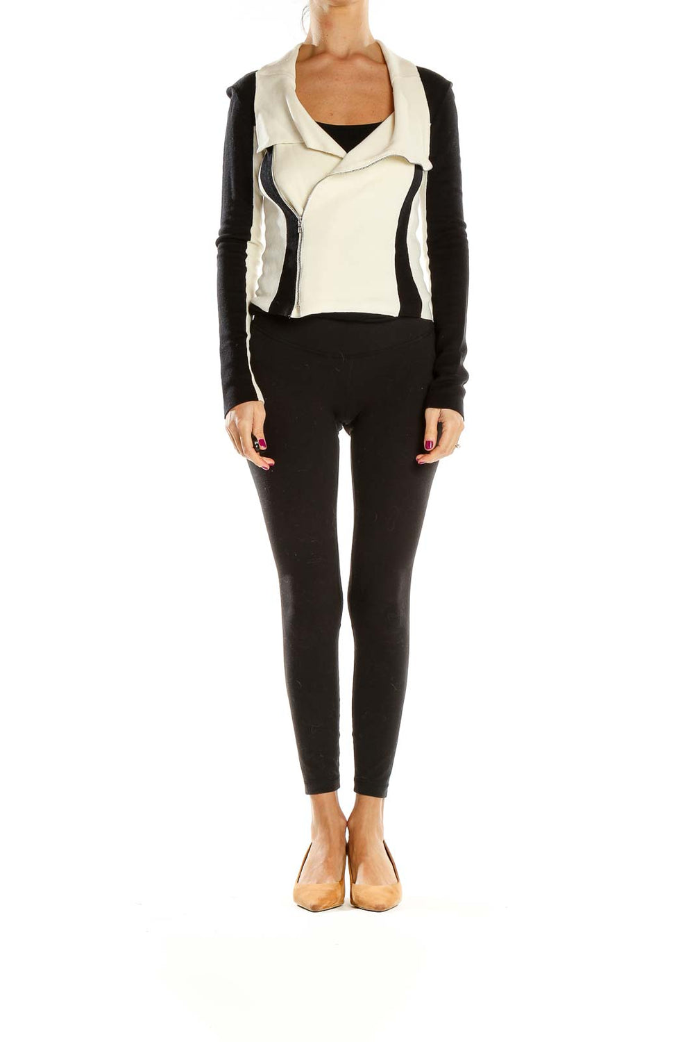 Front view of BCBG MaxAzria black and white color block jacket with asymmetrical zip