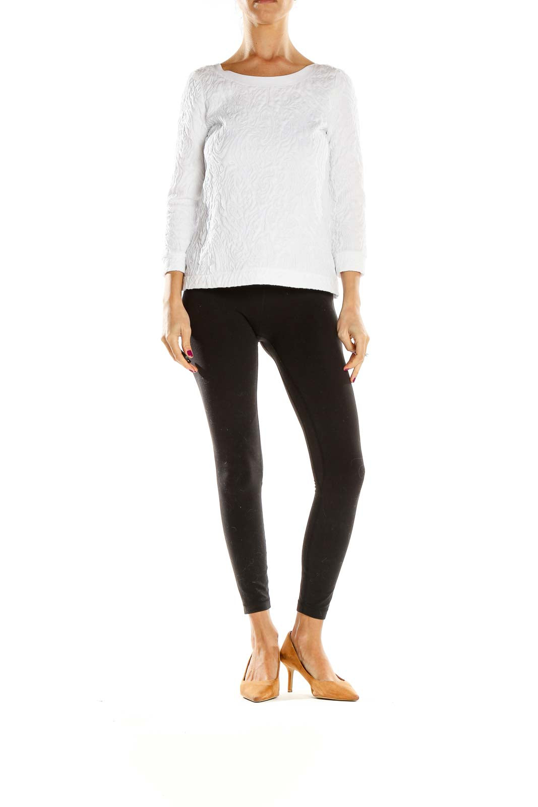 Front view of Banana Republic white textured long sleeve blouse