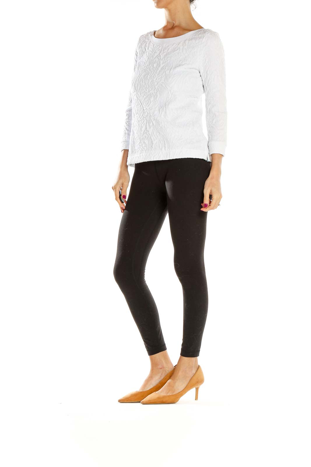 Front view of Banana Republic white textured long sleeve blouse