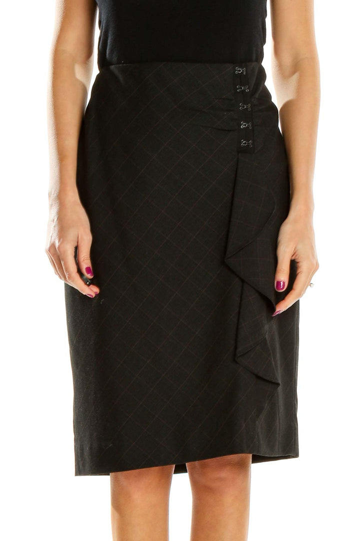 Front view of Classiques Entier black plaid wrap pencil skirt with ruffle detail