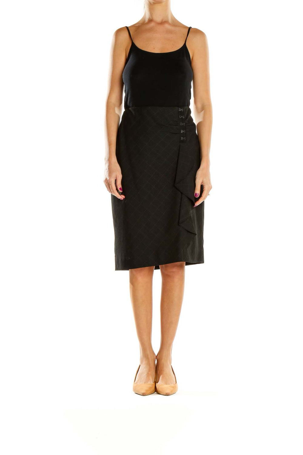 Front view of Classiques Entier black plaid wrap pencil skirt with ruffle detail