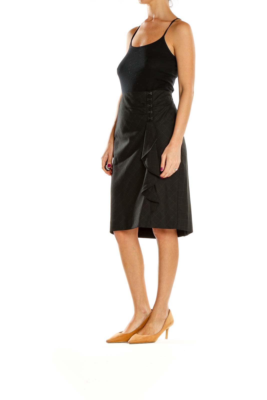 Front view of Classiques Entier black plaid wrap pencil skirt with ruffle detail