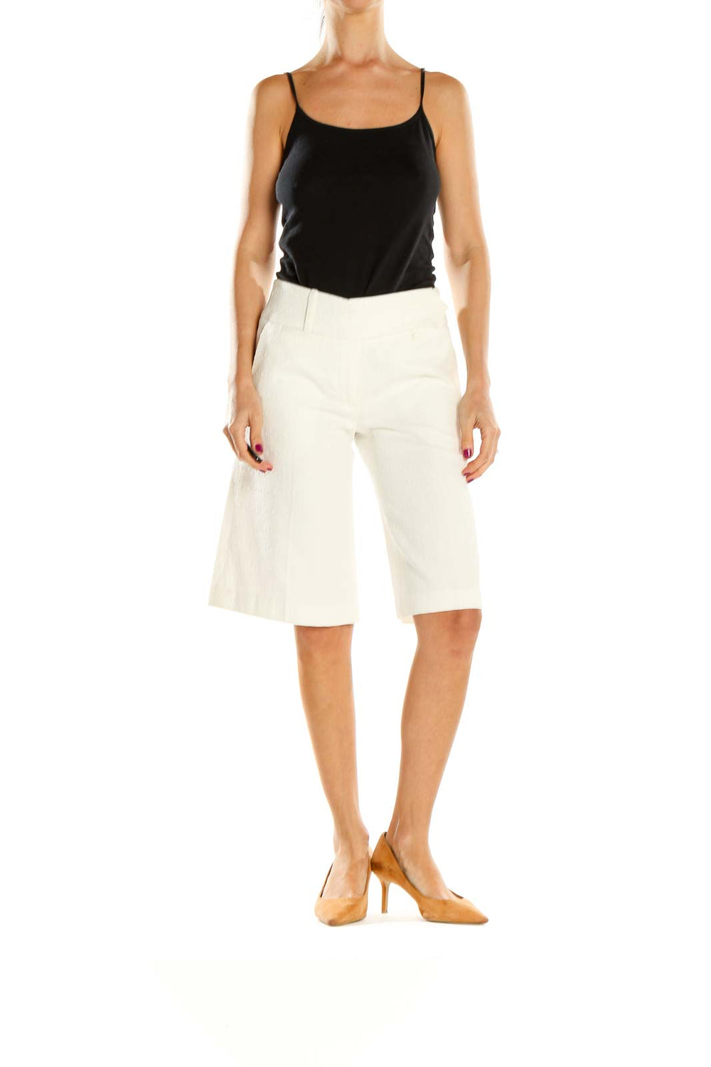 Front view of Milly white tailored Bermuda shorts on model