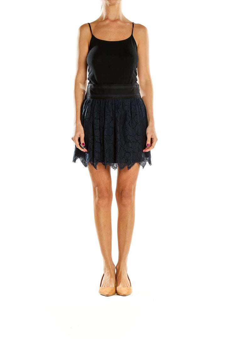 Front view of Milly navy lace mini skirt with scalloped hem