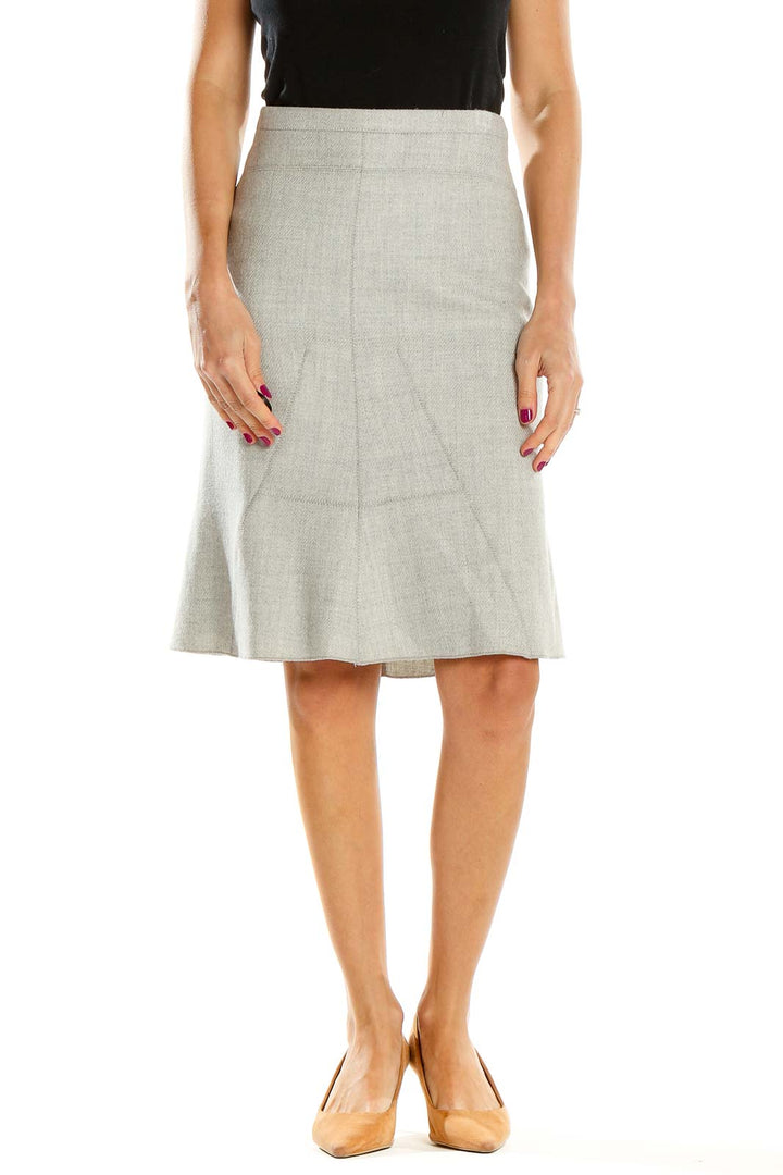 Front view of BCBG MaxAzria light gray A-line knee-length skirt