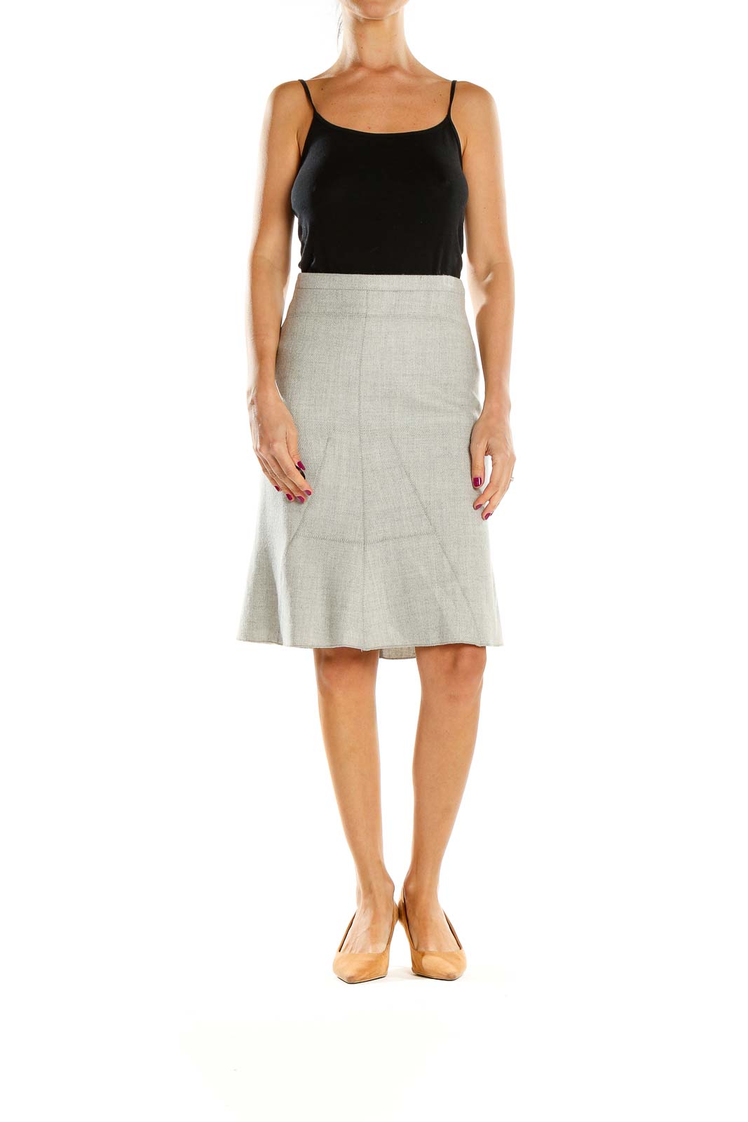 Front view of BCBG MaxAzria light gray A-line knee-length skirt