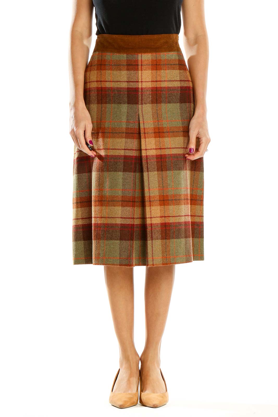Front view of Les Copains brown plaid wool midi skirt with A-line silhouette