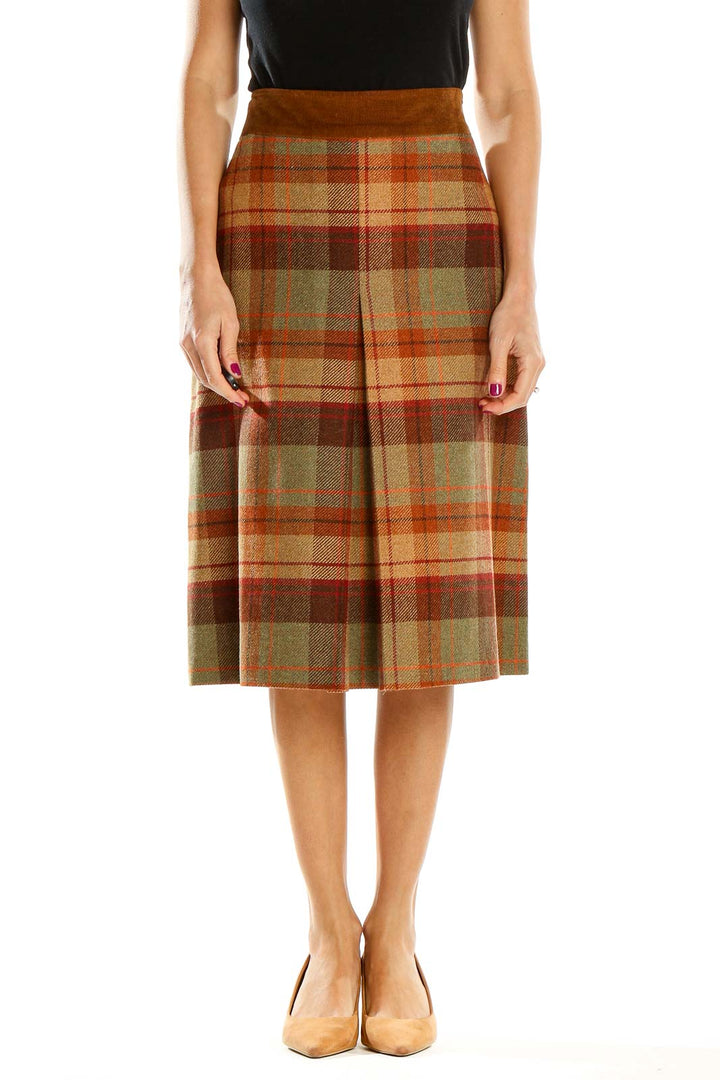 Front view of Les Copains brown plaid wool midi skirt with A-line silhouette