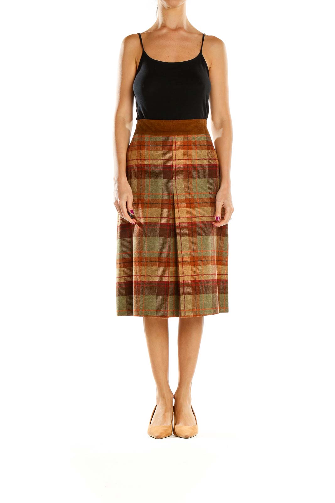 Front view of Les Copains brown plaid wool midi skirt with A-line silhouette
