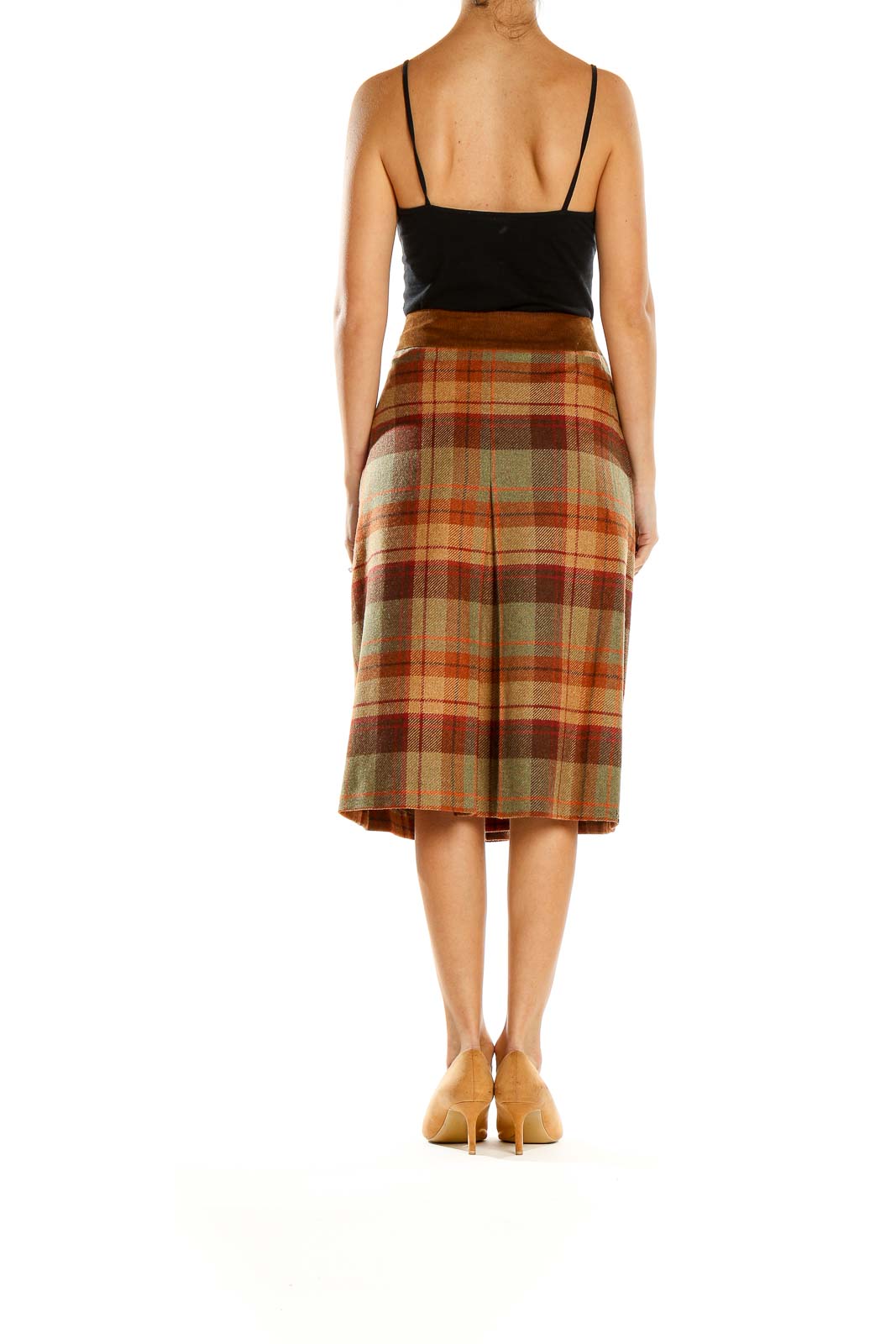 Side view of Les Copains brown plaid wool midi skirt showing length and fit