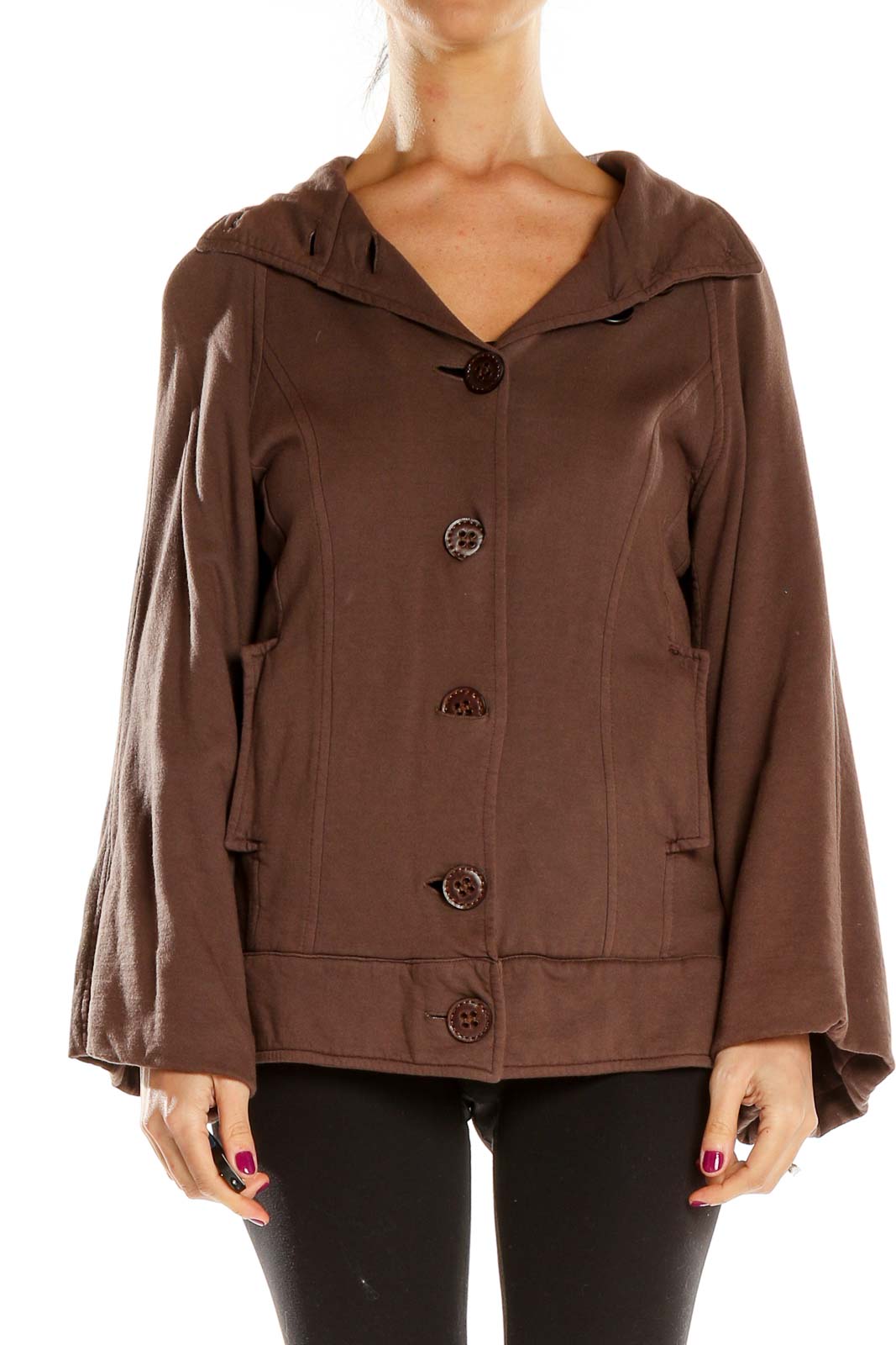 Front view of Young Fabulous & Broke brown hooded jacket with button-front closure