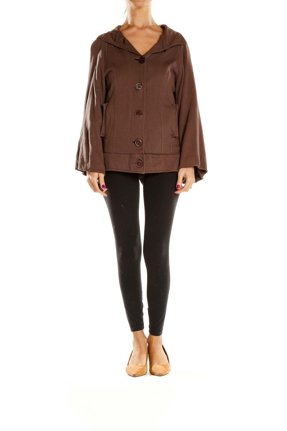 Front view of Young Fabulous & Broke brown hooded jacket with button-front closure