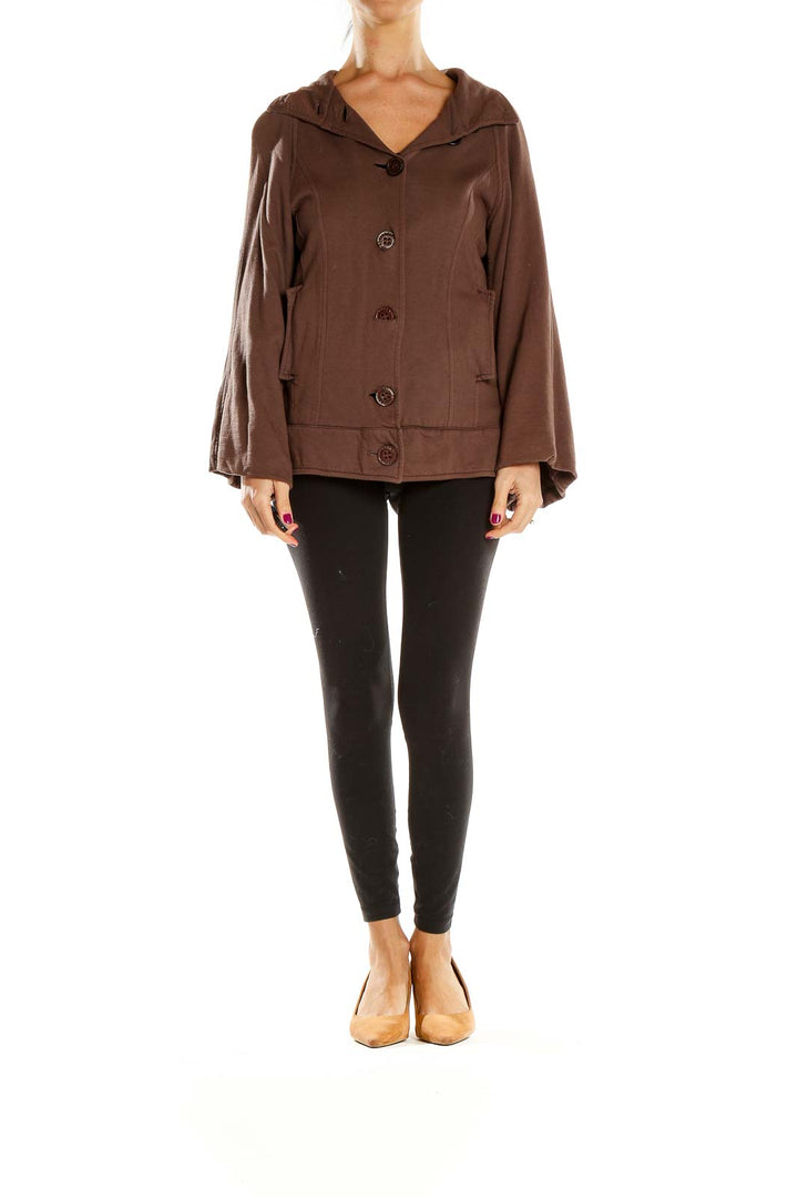 Front view of Young Fabulous & Broke brown hooded jacket with button-front closure