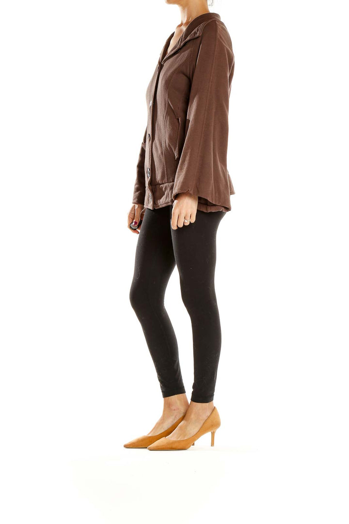 Front view of Young Fabulous & Broke brown hooded jacket with button-front closure