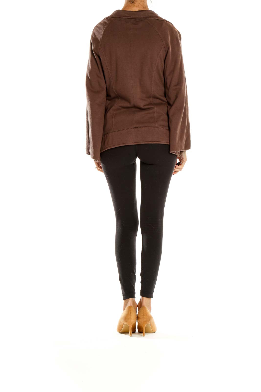 Side view of Young Fabulous & Broke brown hooded jacket on model with black leggings