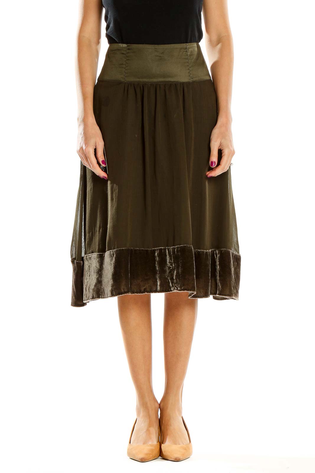 Front view of Banana Republic olive midi skirt with velvet trim