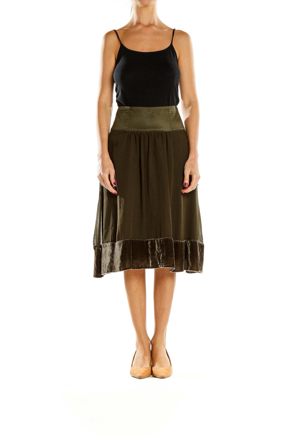 Front view of Banana Republic olive midi skirt with velvet trim