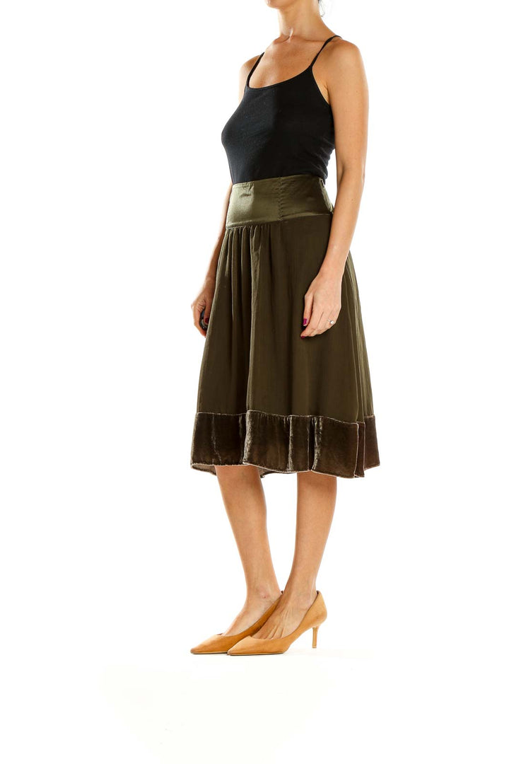 Front view of Banana Republic olive midi skirt with velvet trim