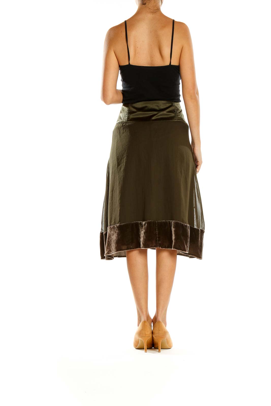 Side view of Banana Republic olive midi skirt showing A-line silhouette