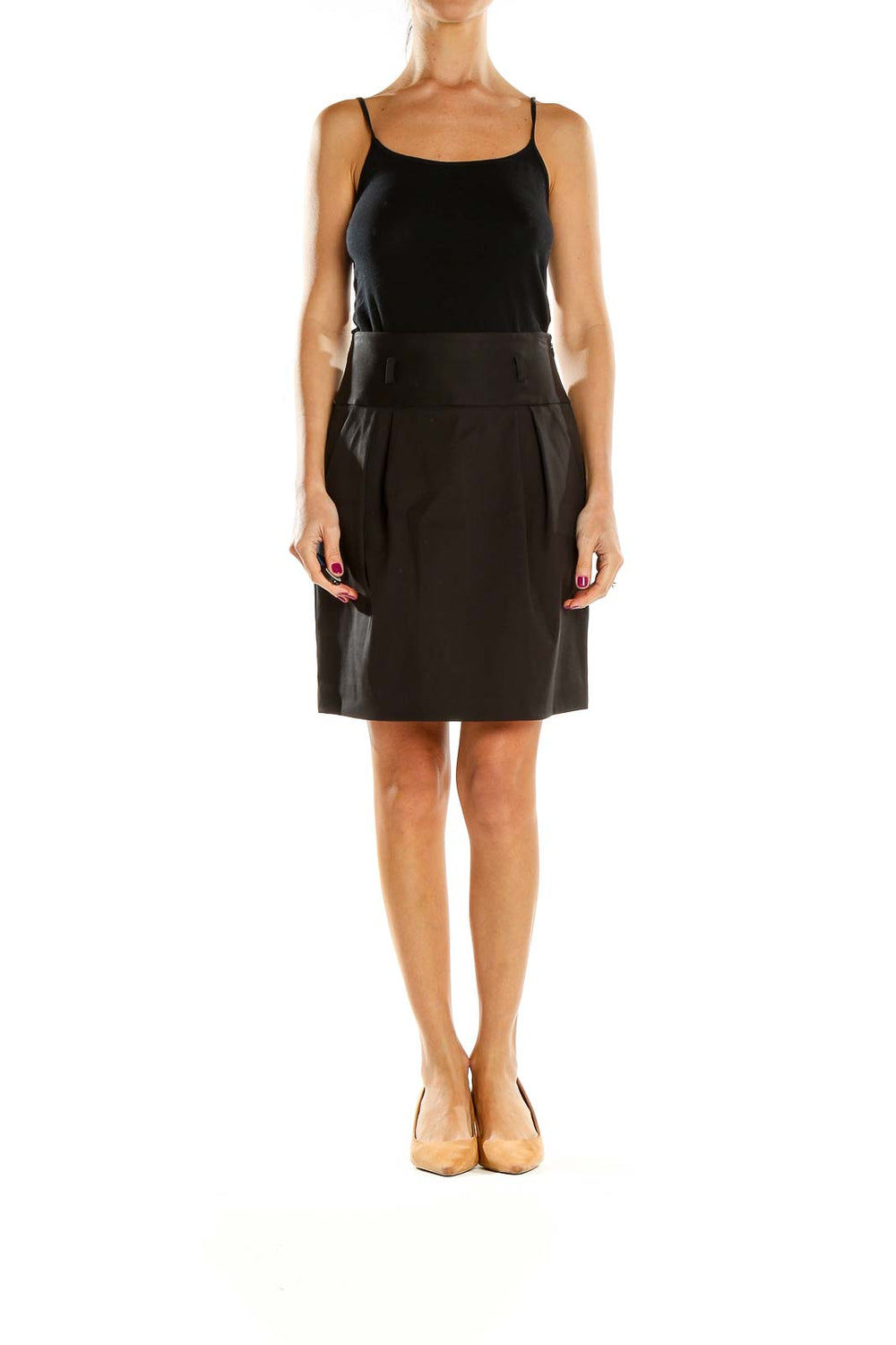 Front view of Theory black pleated A-line skirt