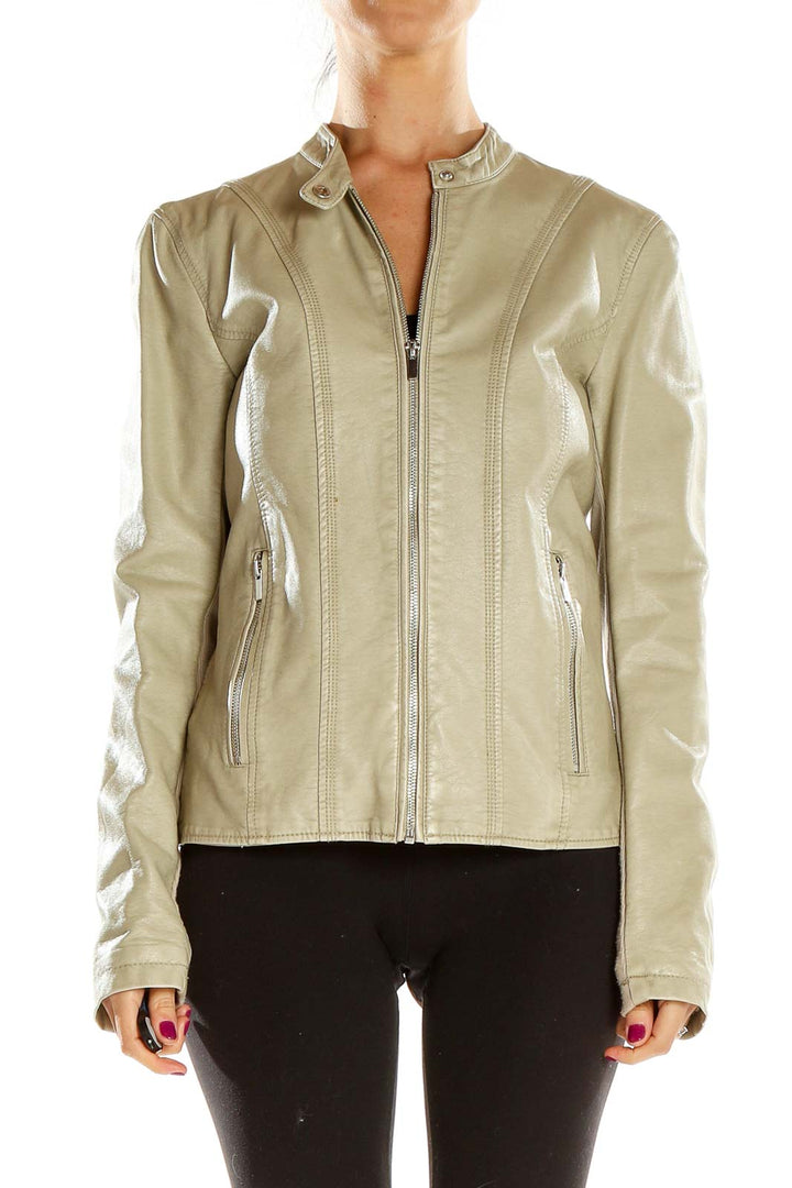 Front view of Kenneth Cole Reaction beige leather jacket with zip-up closure