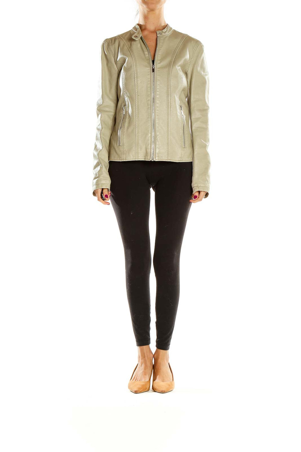 Front view of Kenneth Cole Reaction beige leather jacket with zip-up closure