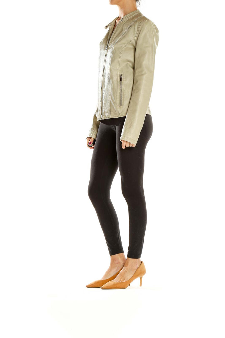 Front view of Kenneth Cole Reaction beige leather jacket with zip-up closure