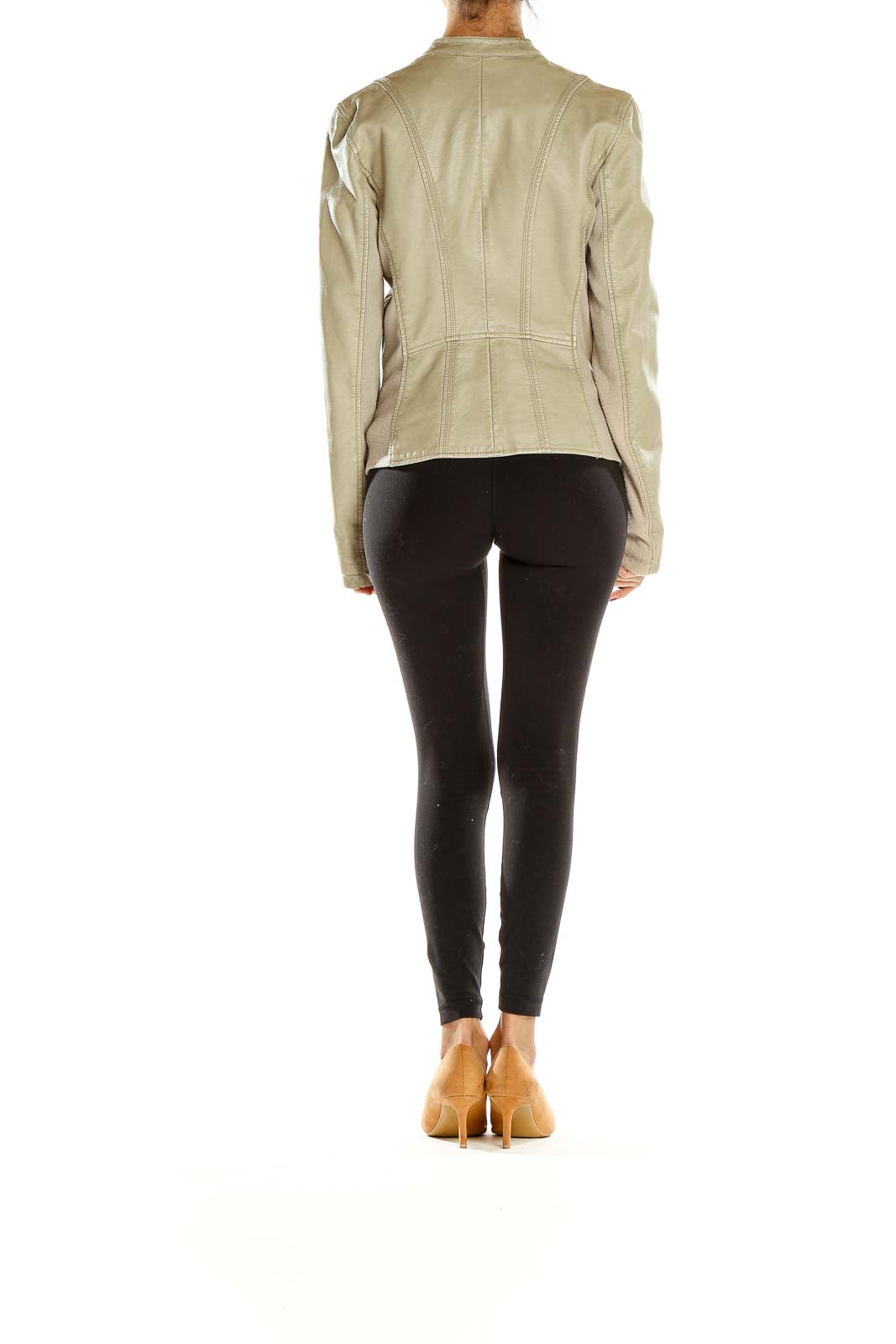 Side view of Kenneth Cole Reaction beige leather jacket showing tailored fit