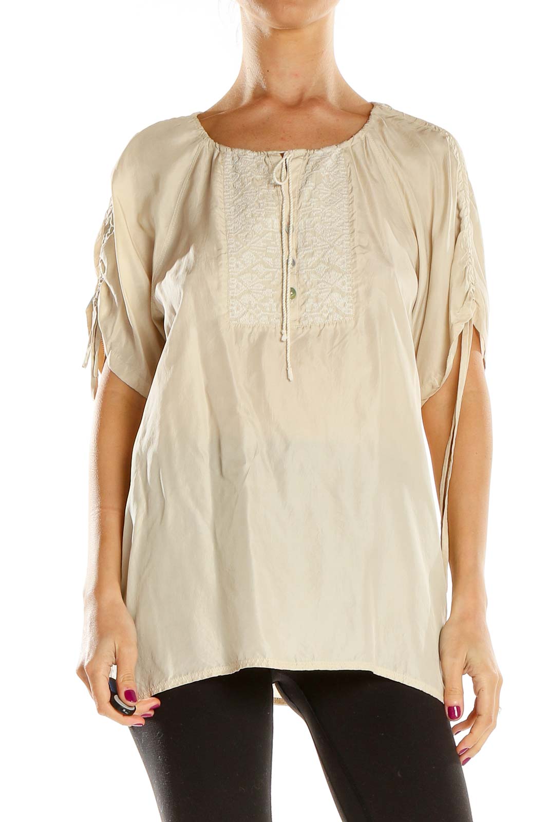 Front view of beige Banana Republic peasant blouse with embroidery