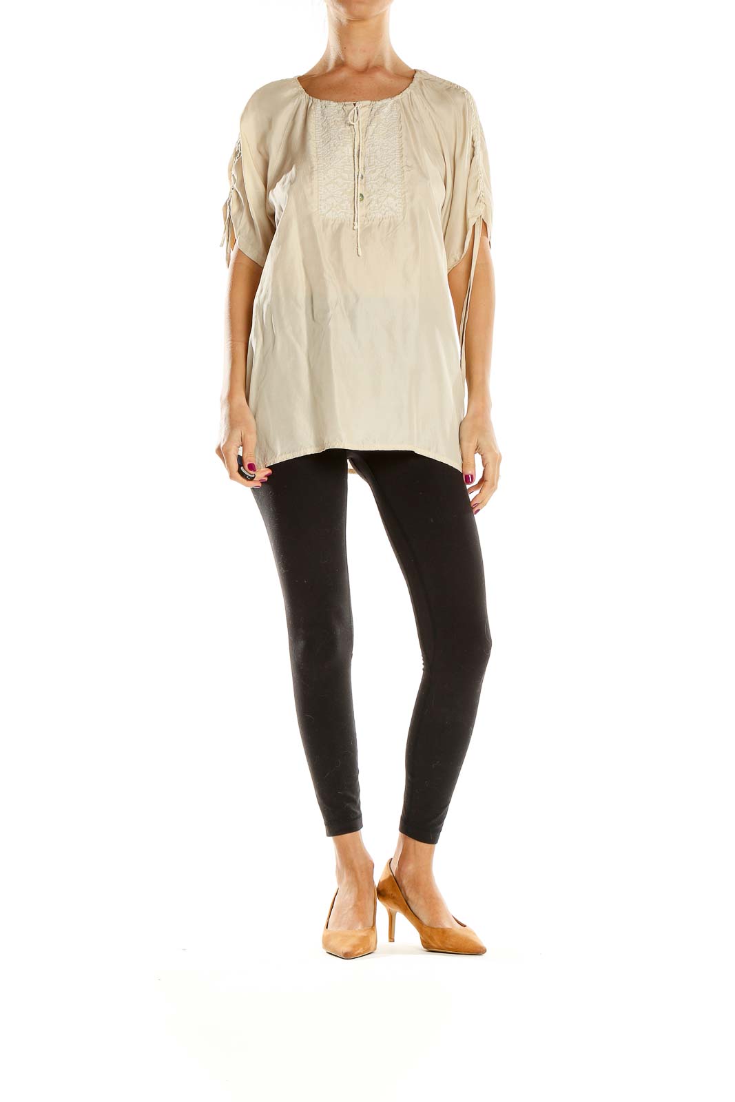 Front view of beige Banana Republic peasant blouse with embroidery