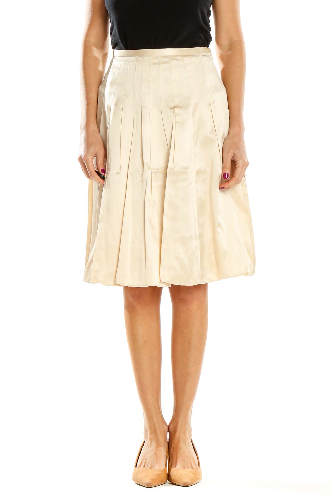 Front view of cream pleated A-line midi skirt by Maxazria Collection
