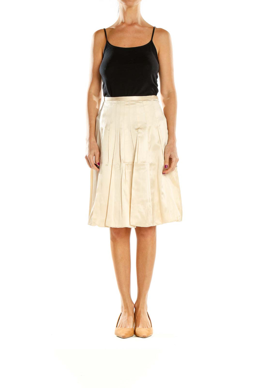 Front view of cream pleated A-line midi skirt by Maxazria Collection