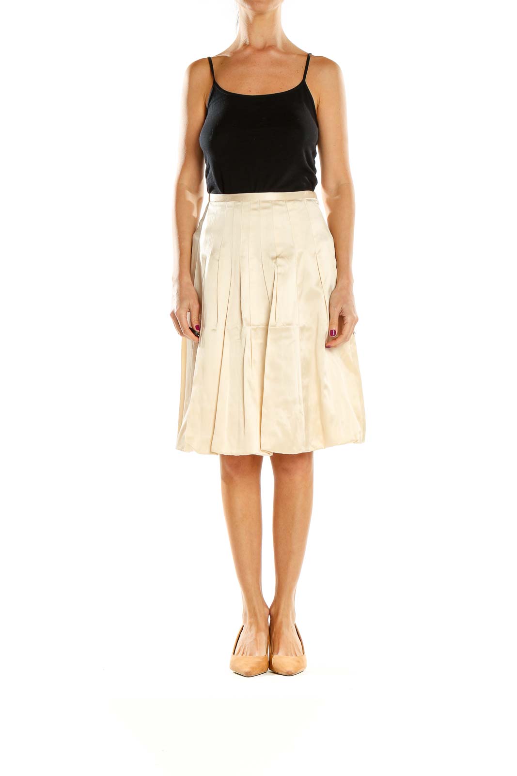 Front view of cream pleated A-line midi skirt by Maxazria Collection