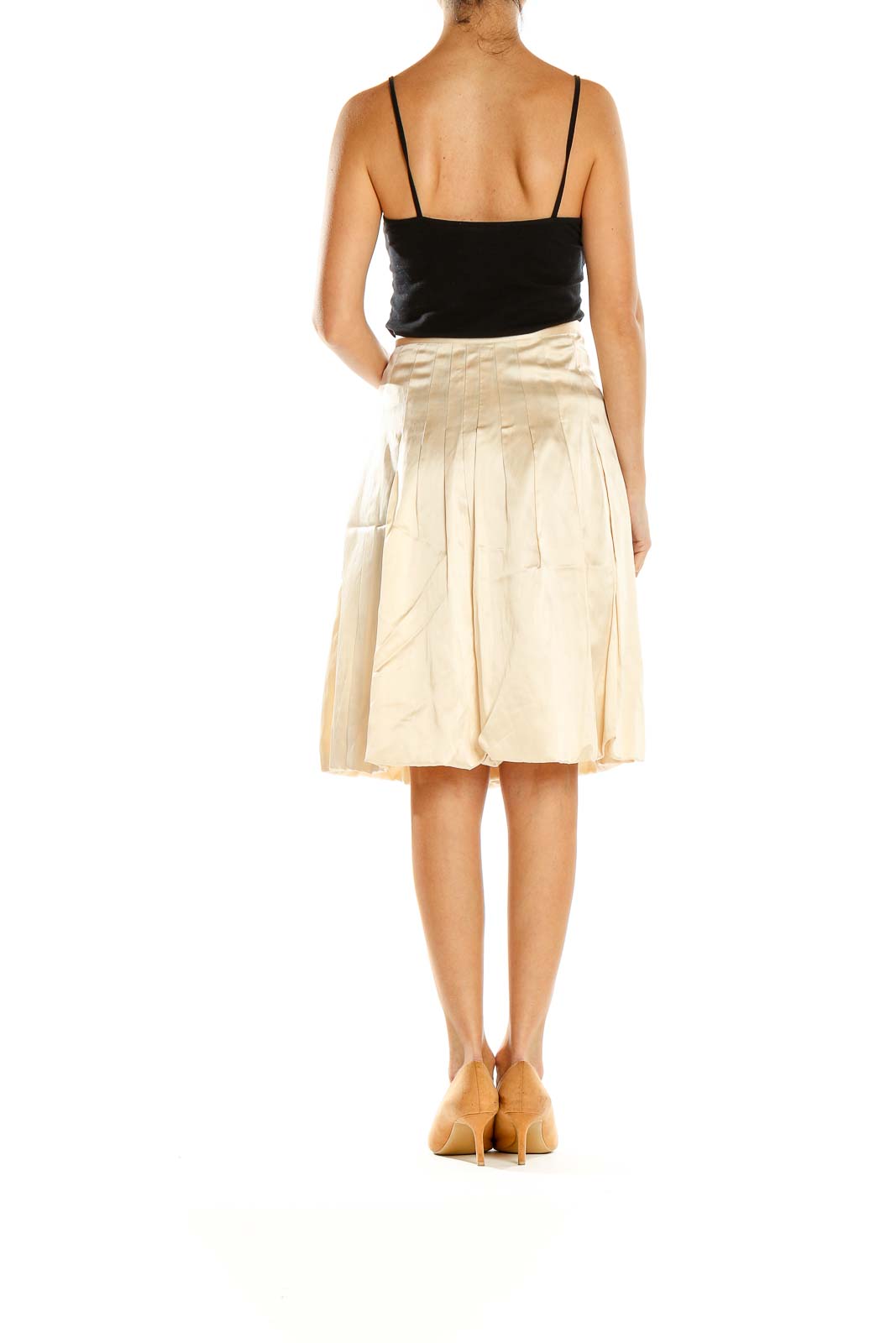 Side view of cream pleated A-line midi skirt by Maxazria Collection
