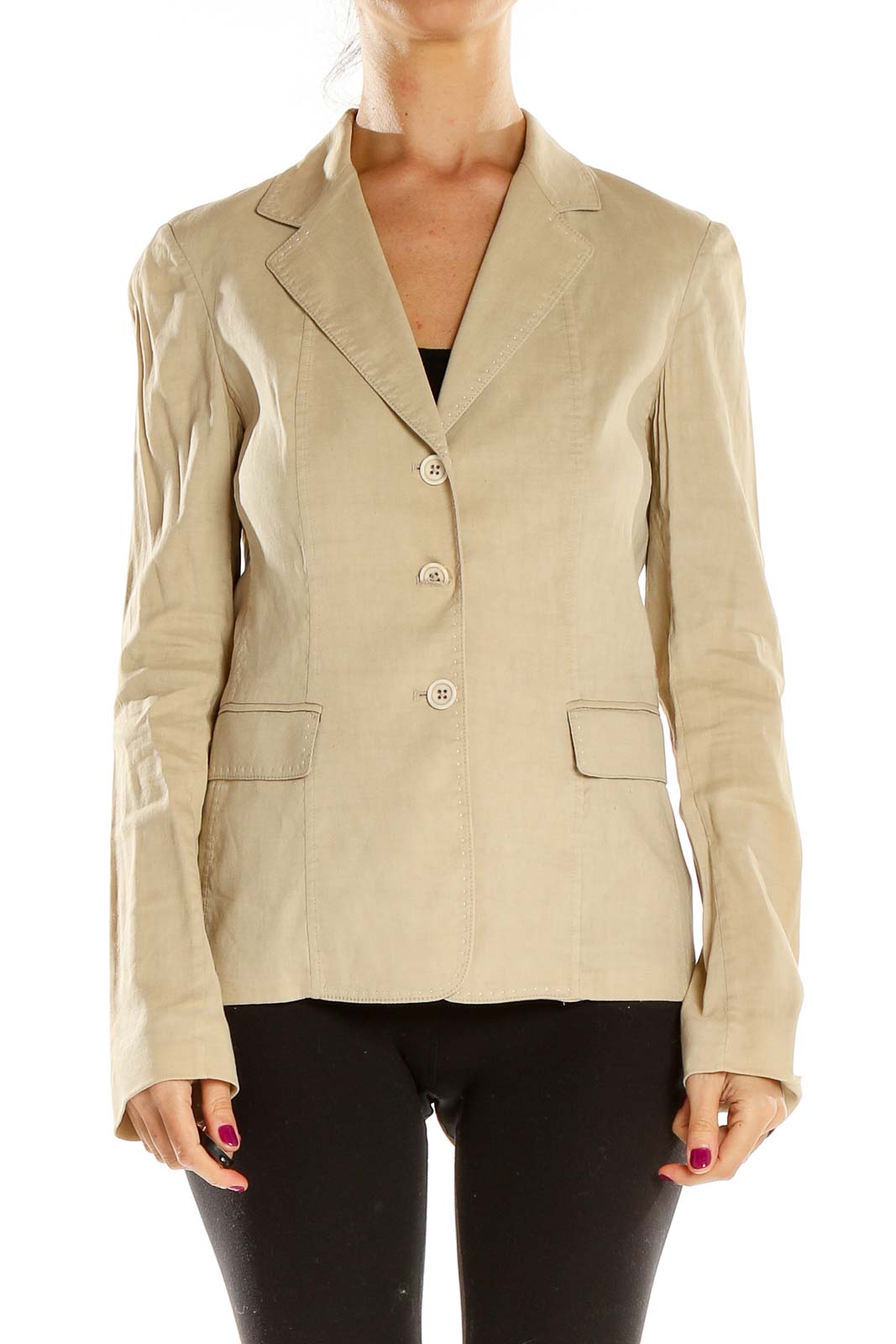 Front view of Elie Tahari beige tailored blazer